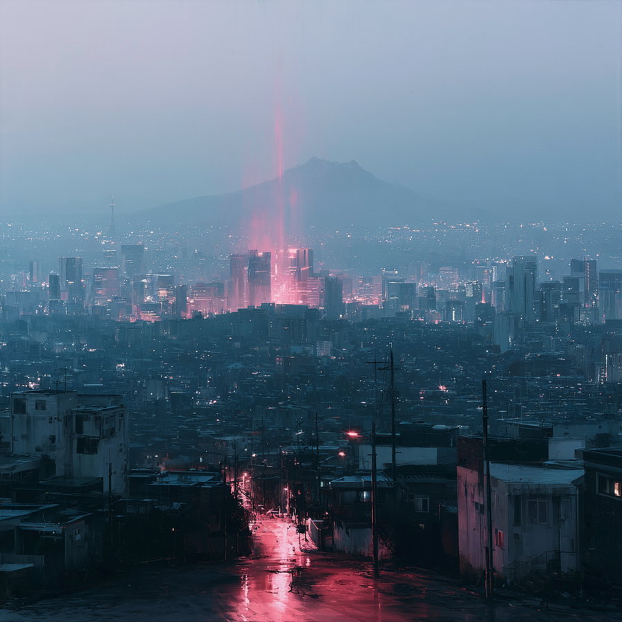 A panoramic view of a city skyline at dusk, illuminated by neon lights, featuring a distant mountain backdrop and wet streets reflecting the glowing colors.
