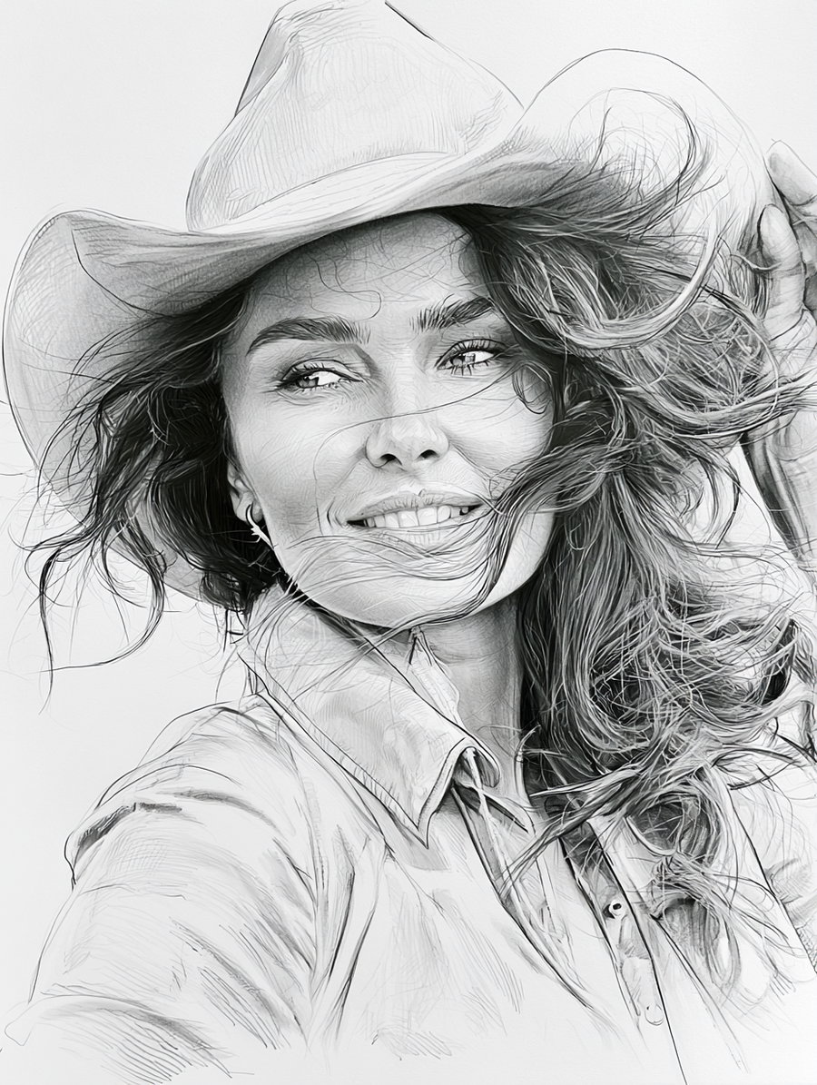 A black and white illustration of a woman smiling while wearing a cowboy hat, with wind-swept hair.