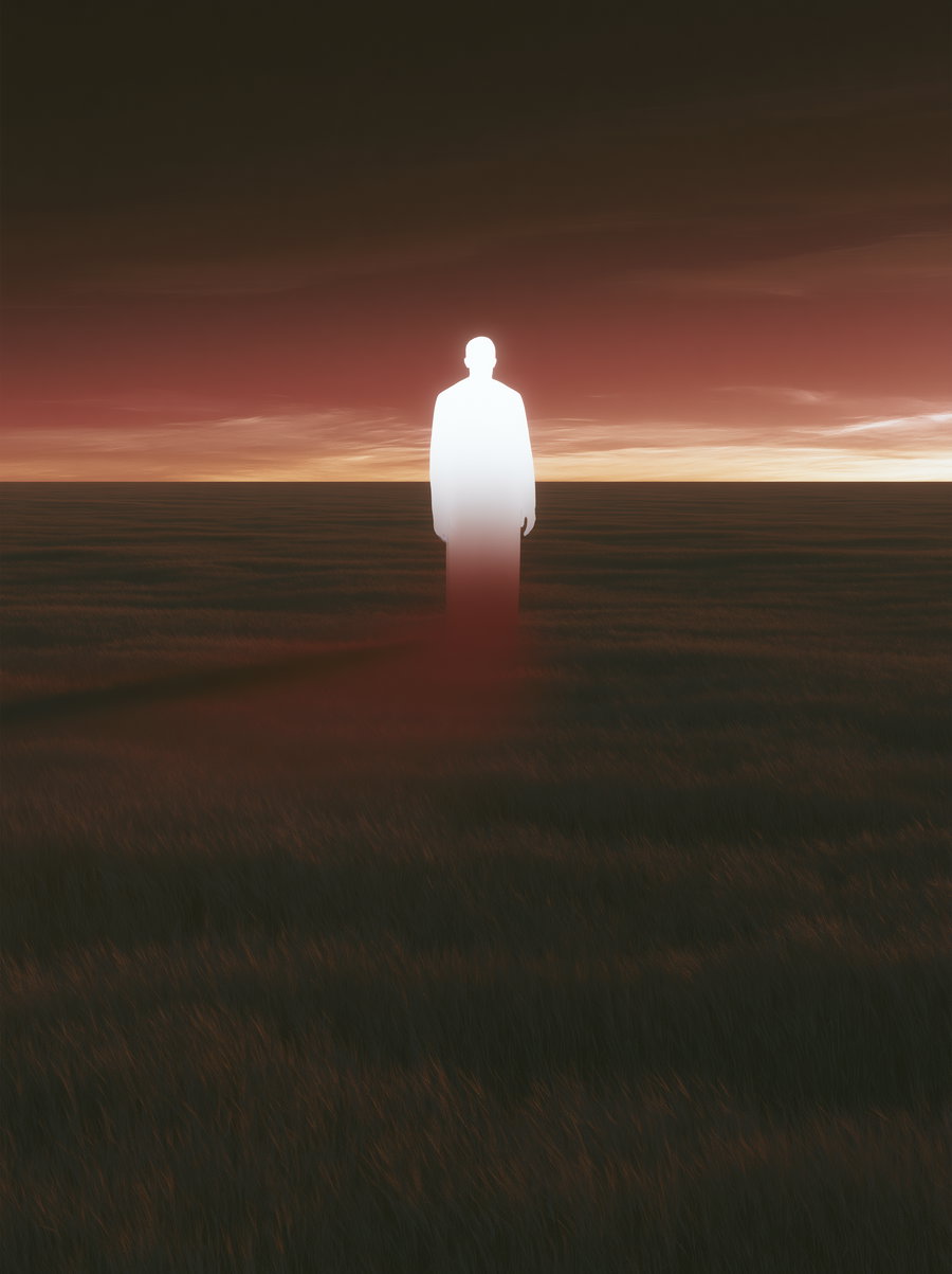 A luminous silhouette of an angelic male figure standing in a wheat field at dusk, illuminated in white at the top and crimson red at the bottom. The sky above is dark red with hints of orange and yellow near the horizon, and clouds stretch horizontally.