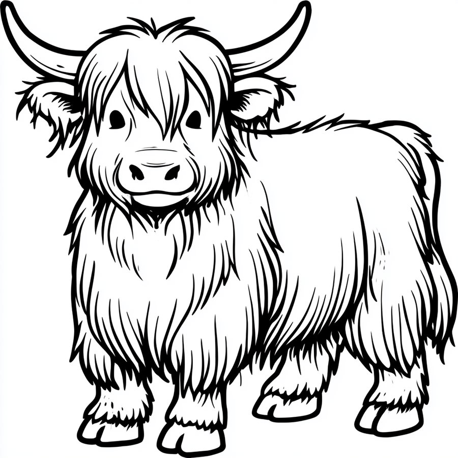 Line drawing of a highland cow with thick bold outlines and a plain white background.