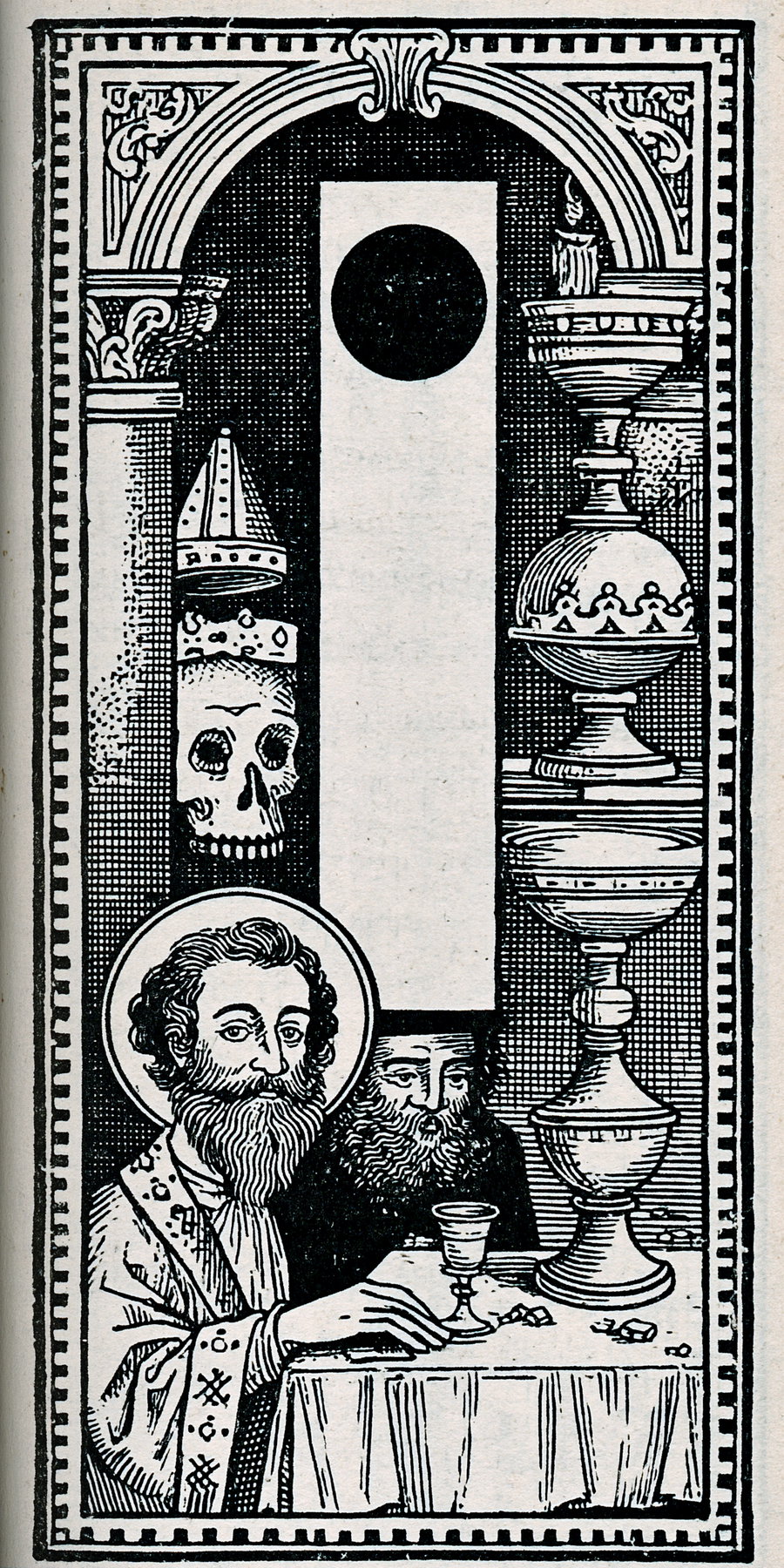 A simple illustrated border frame featuring two male figures, one with a beard and a cup, and another with a skull and tall decorative elements.