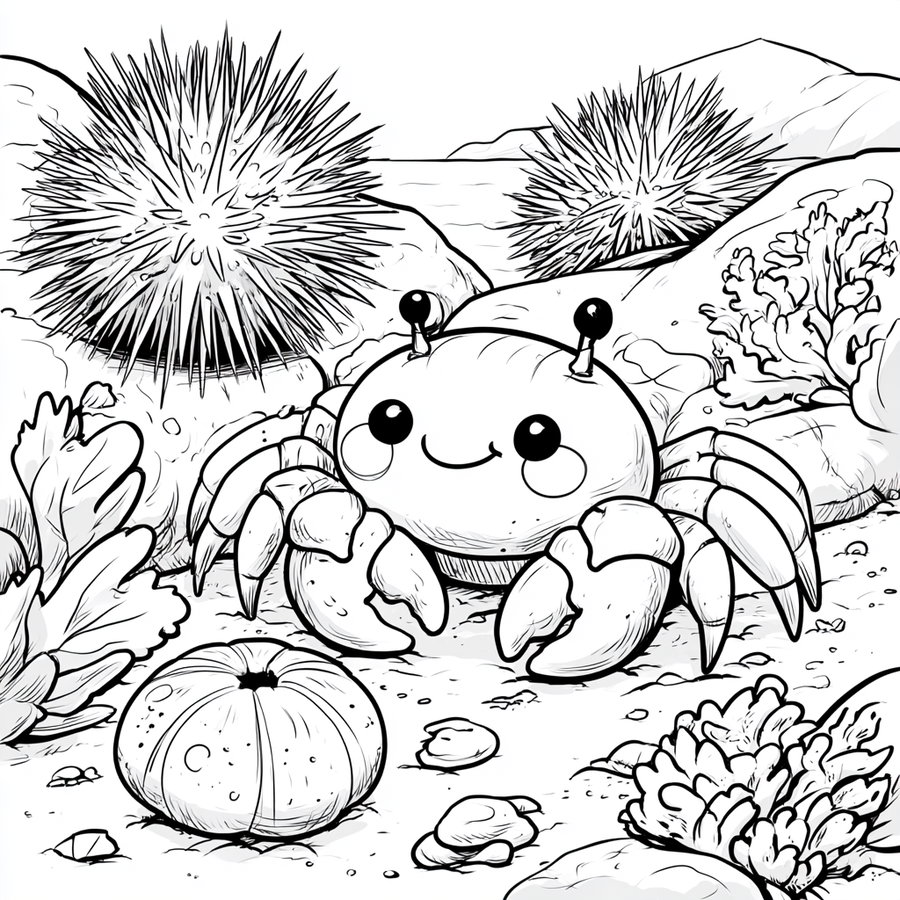 A simple black and white coloring page featuring a cute tomato crab in a rocky beach tidepool surrounded by sea urchins and coral.