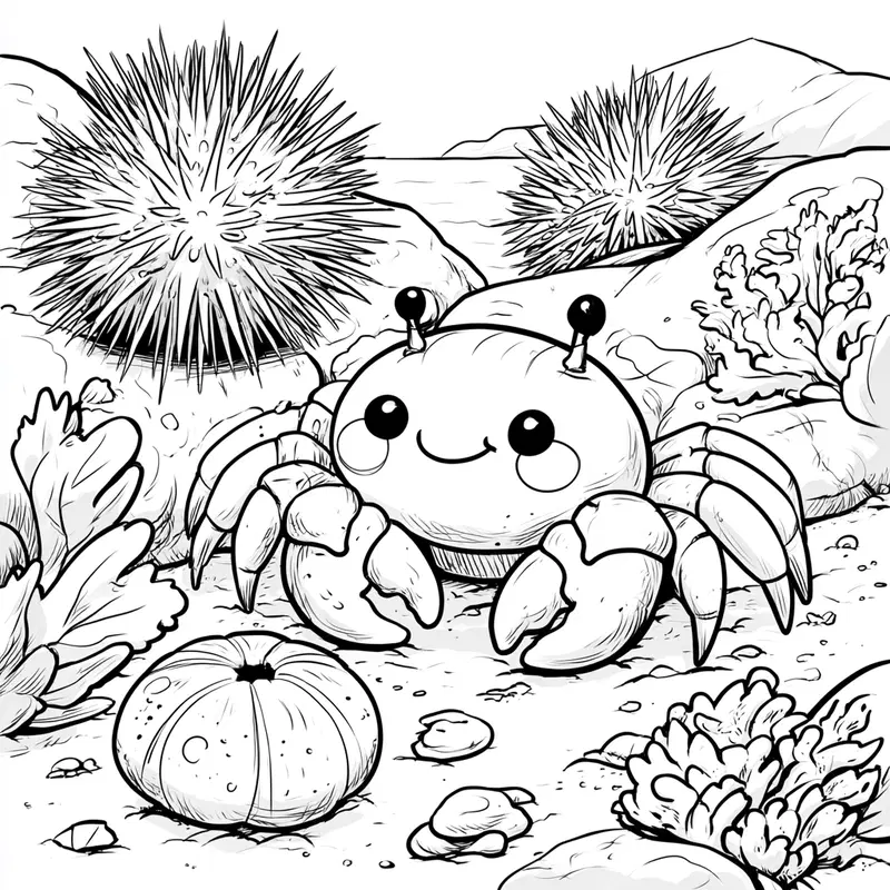 Cute Kawaii Style Coloring Page with Tomato Crab and Sea Urchins