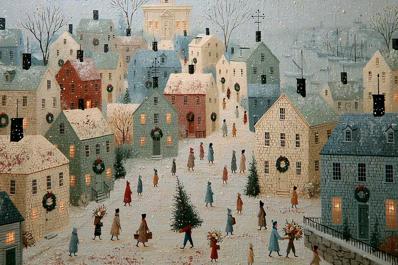 Nantucket Holiday Scene with Festive Cottages and Snowfall