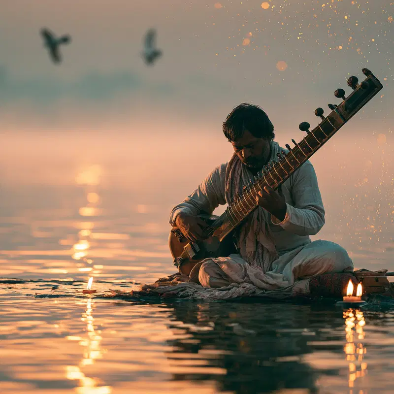 Indian Musician Playing Sitar by a River at Sunrise