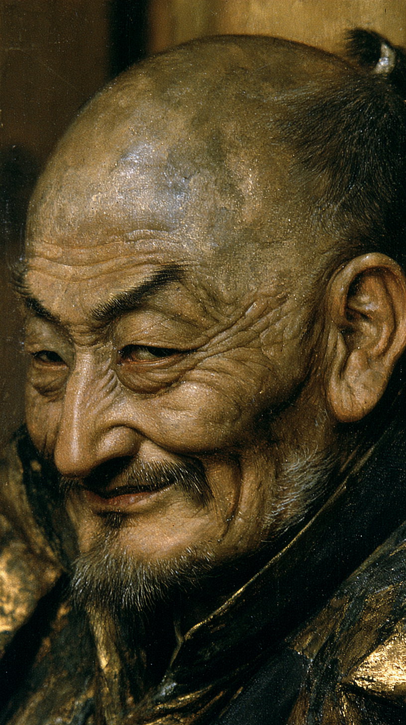 A medium close-up of an elderly Japanese man with crow's feet wrinkles and a cunning smile in a tea room, lit by warm candlelight, creating a calm atmosphere.