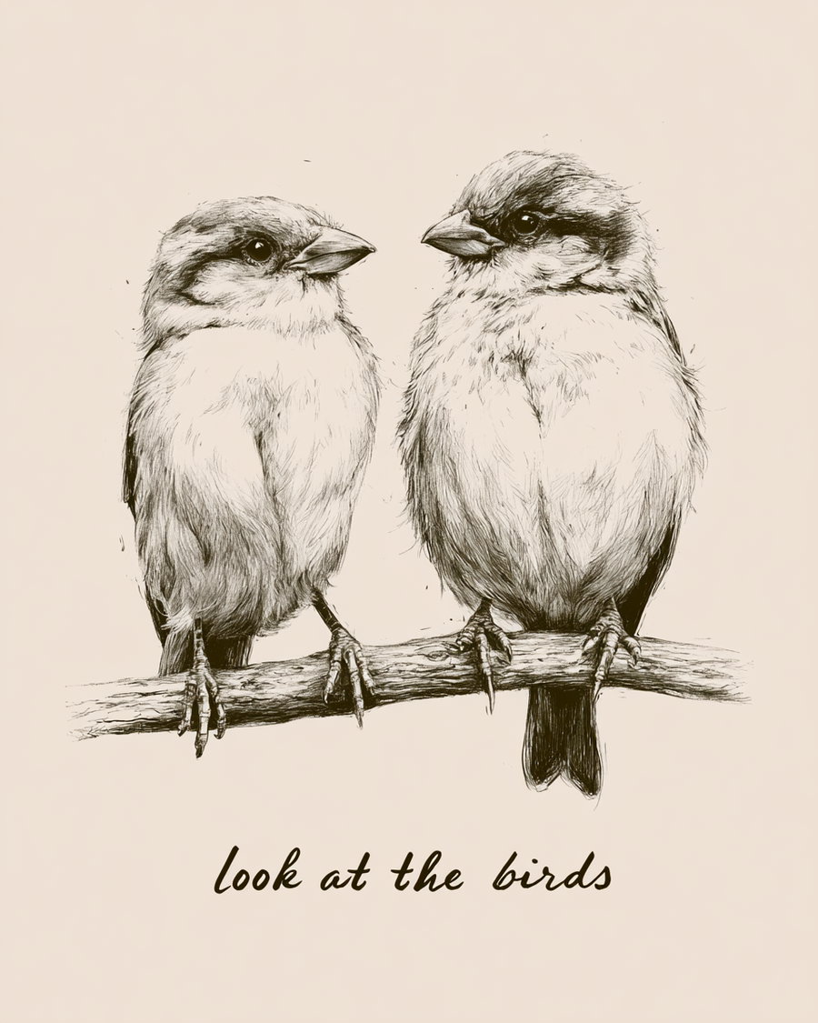 A detailed sketch of two birds sitting on a branch, with text underneath in a handwriting font saying 'look at the birds' on a soft beige background.