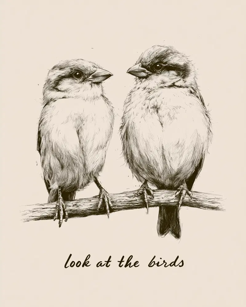 Sketch of Two Birds on a Branch with Handwritten Text