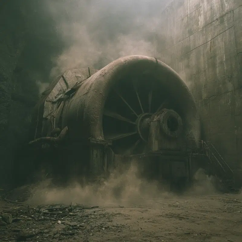 Industrial Horror: A Giant Rusted Mine Fan in Darkness