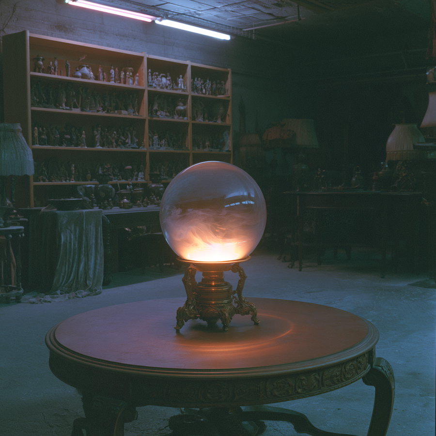 A small glowing crystal ball on an ornate brass stand, emitting a soft light, set on a round carved wooden table in a dimly-lit antique room filled with vintage figurines and objects.