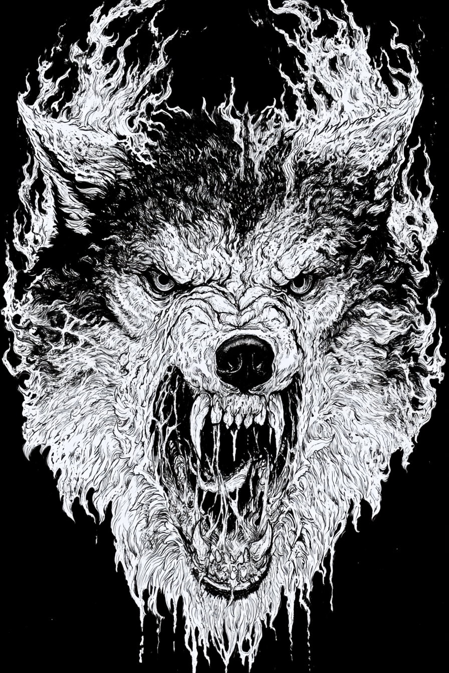 A fierce, snarling wolf's head with flames and dramatic details.