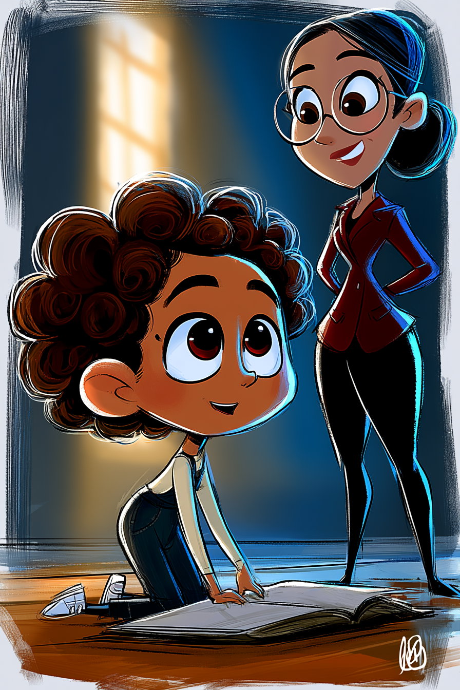 A seven-year-old girl with curly brown hair kneeling on a wooden floor, turning the pages of a large storybook, while a woman in a burgundy blazer watches her proudly, warm afternoon light streaming in.