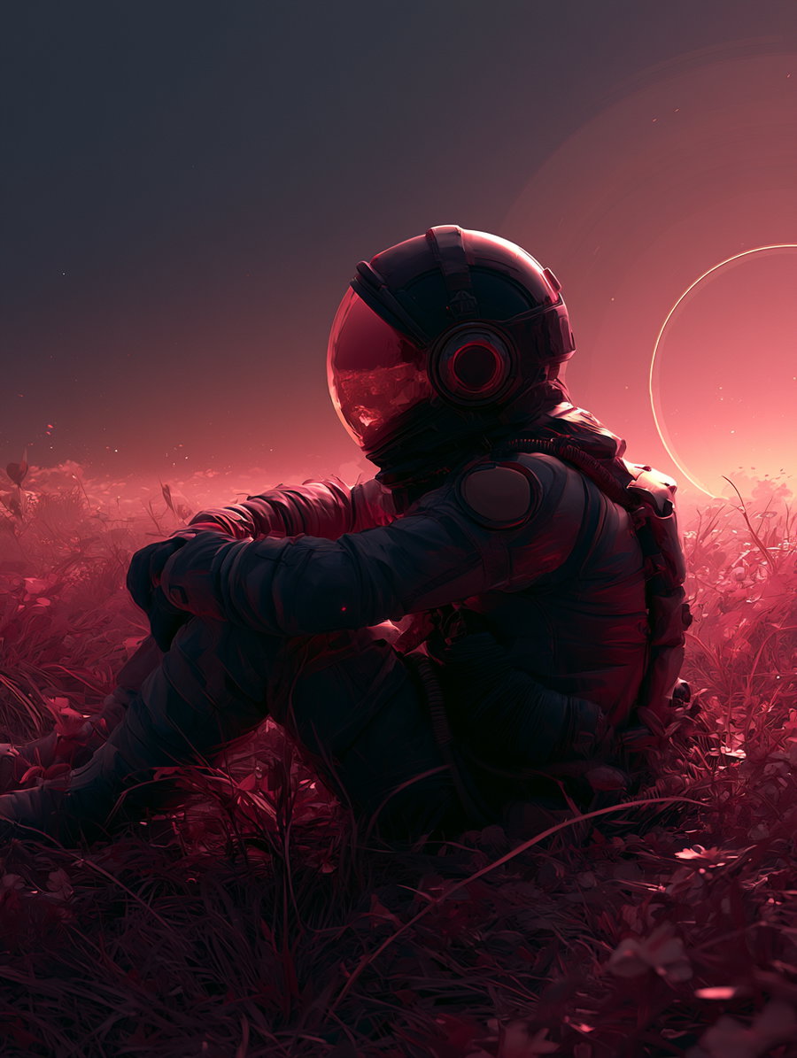 An astronaut sitting on a field of flowers, with a cosmic background featuring a planet and soft pinkish light.
