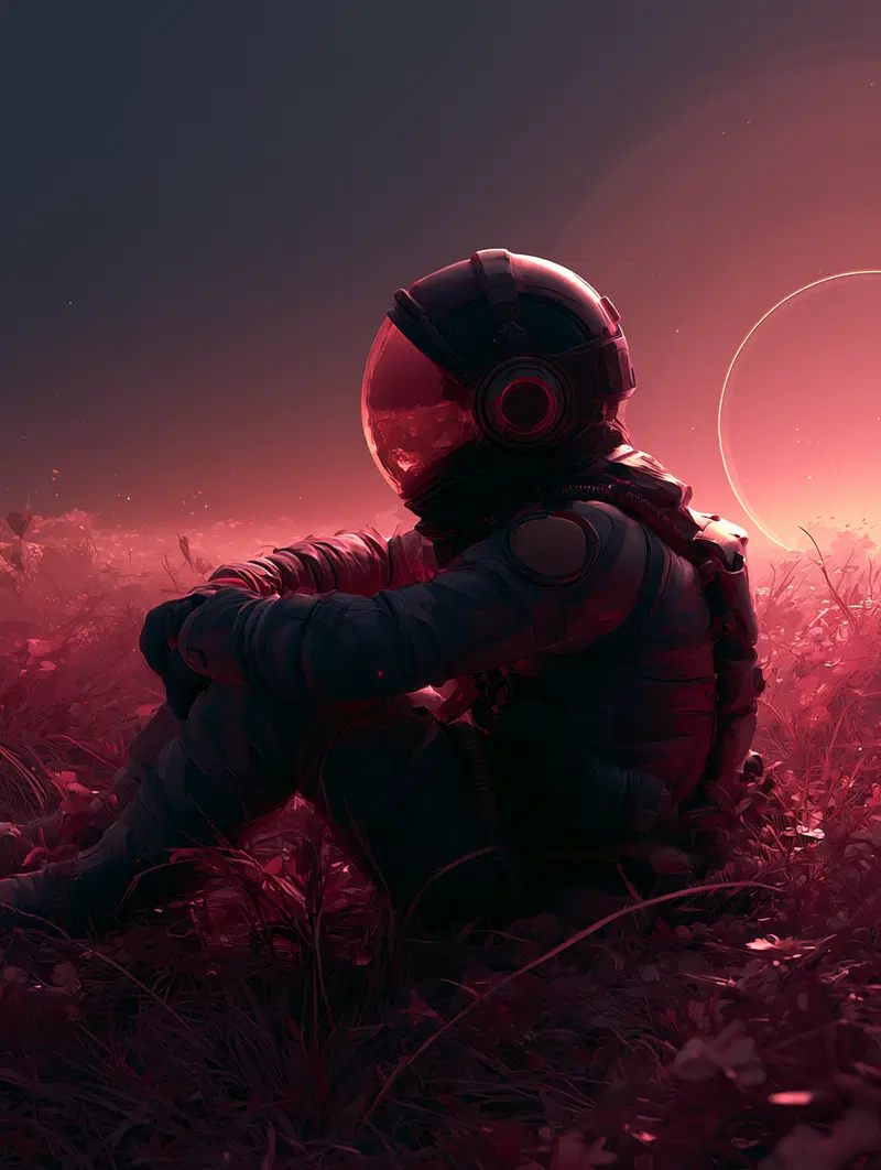 Astronaut in a Cosmic Landscape at Dusk