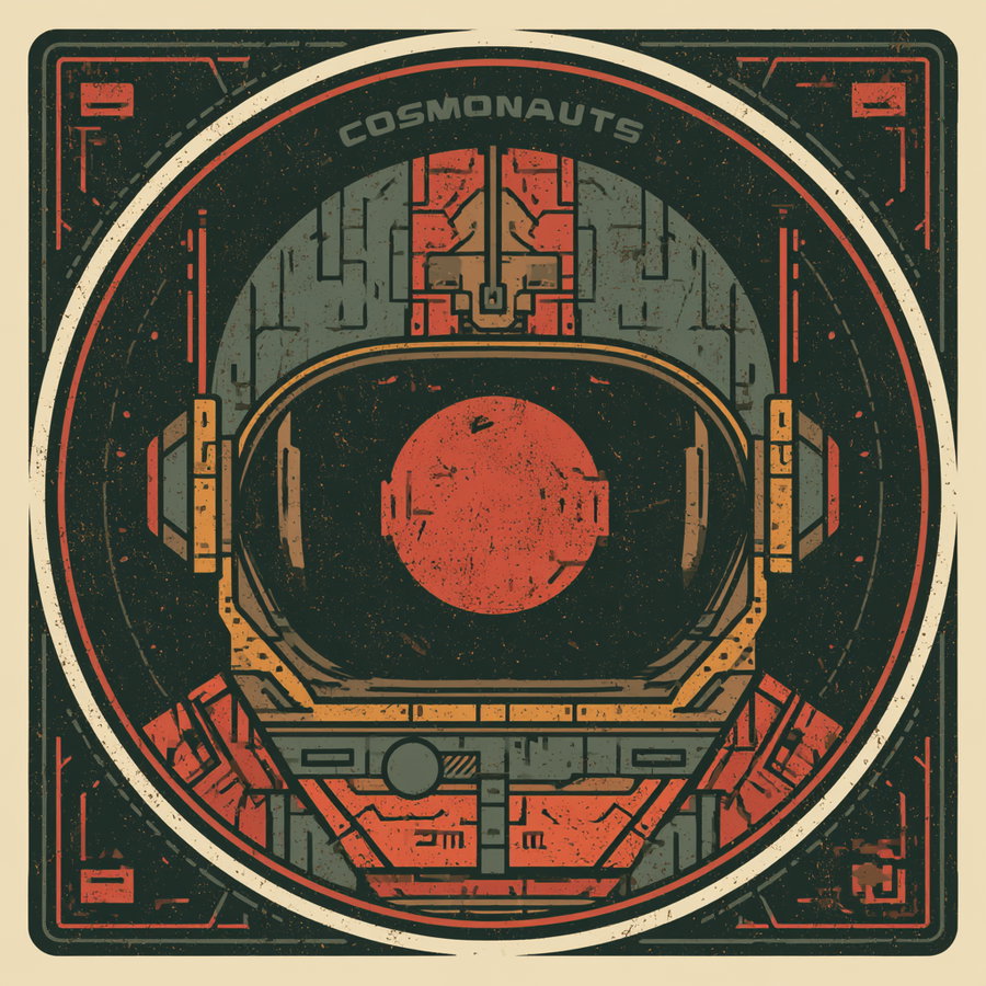 A retro-style illustration of an astronaut helmet with a red circular lens against a dark background, surrounded by a decorative border.