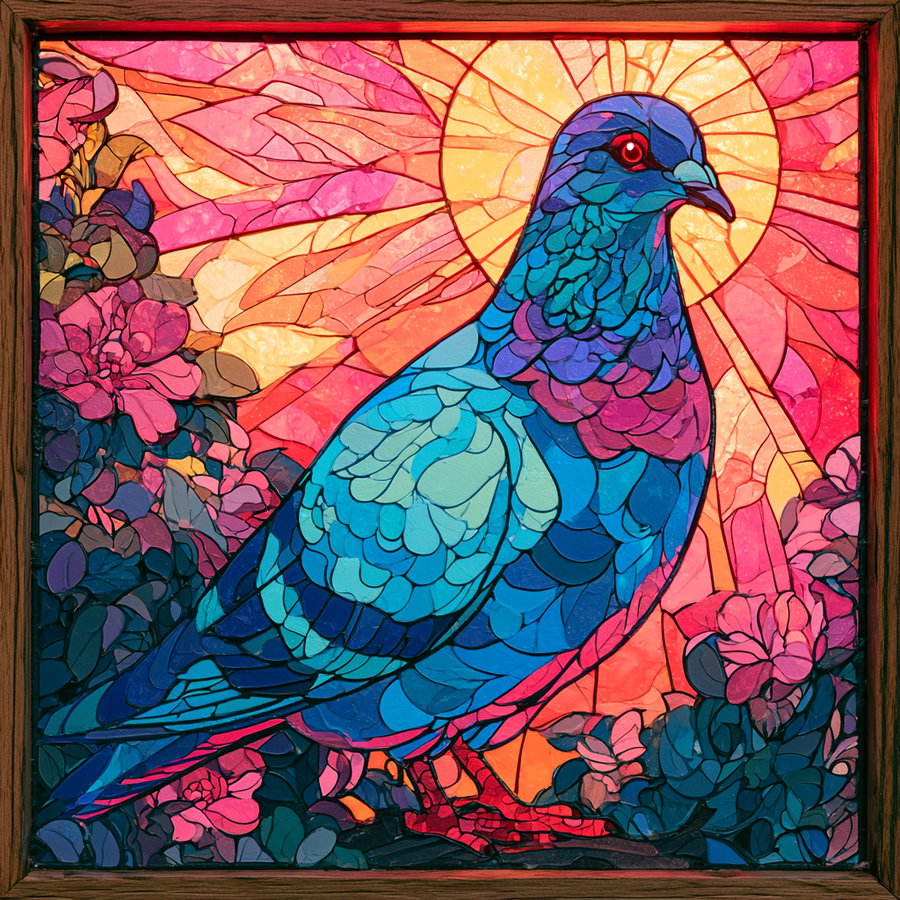A stained glass artwork depicting a vibrant blue pigeon in front of an orange sun, surrounded by colorful flowers.