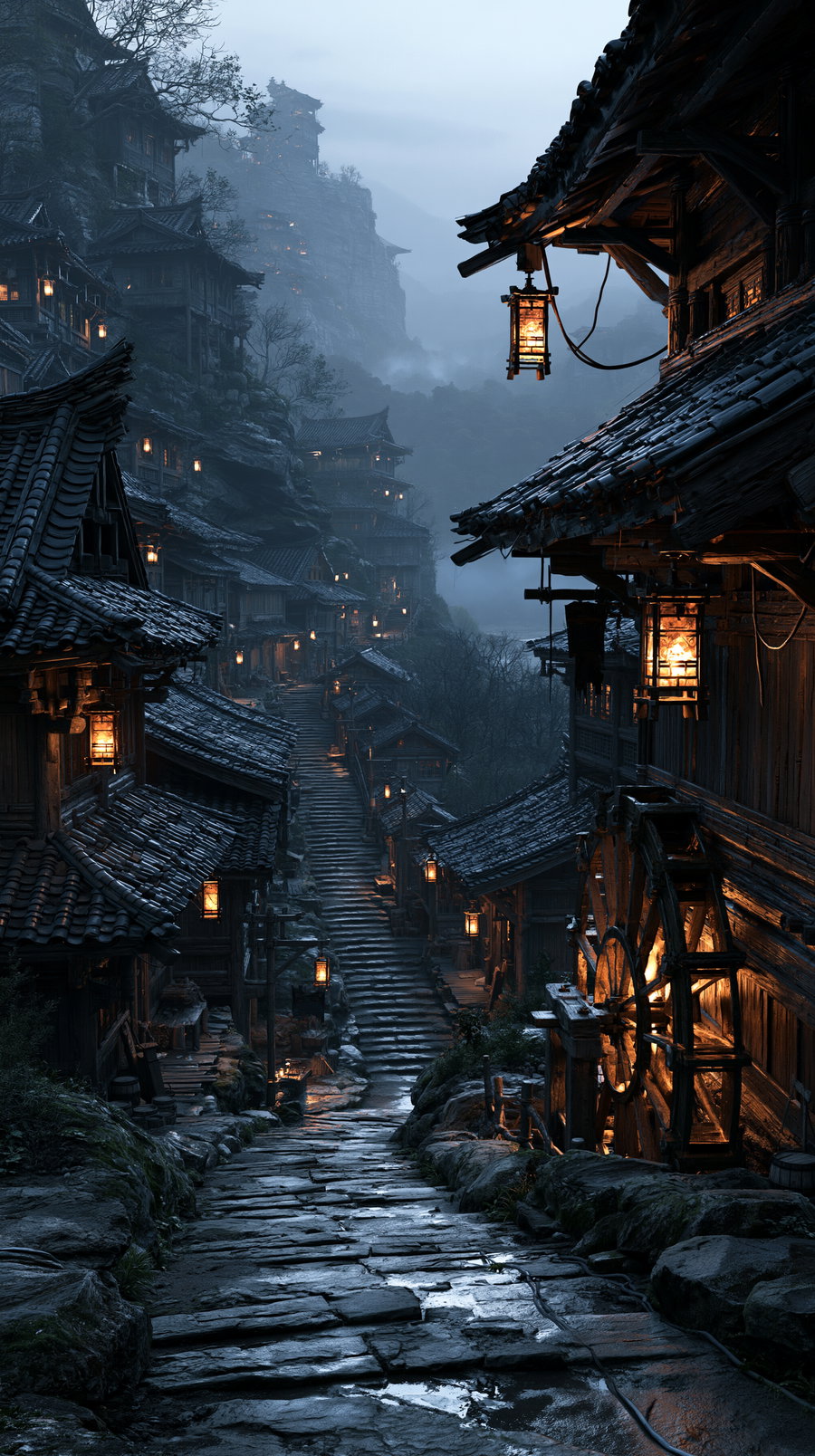 A winding stone path leads through a village with dark wooden buildings and tiled roofs. The atmosphere is cool and misty with glowing lanterns and a wooden water wheel on the right.