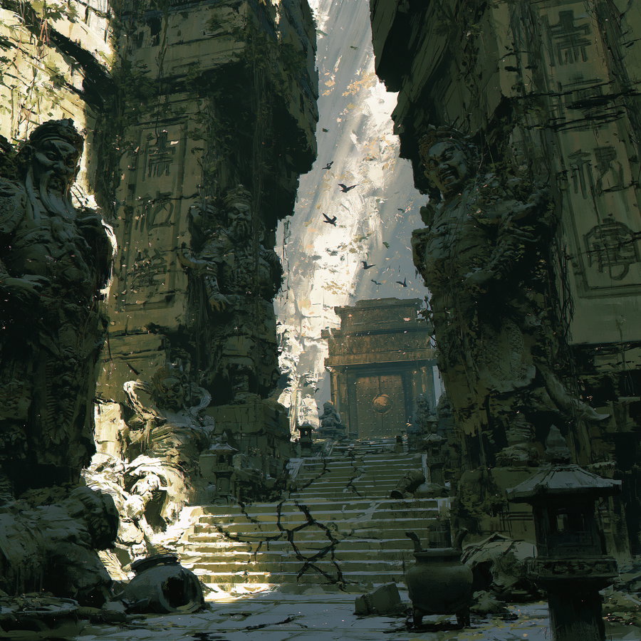 A narrow canyon lined with towering weathered stone guardian statues. Cracked stone stairways lead to a giant bronze tomb gate. Sunlight pierces through the canyon, illuminating fallen statues and ancient vessels amidst atmospheric fog and mountain mist.