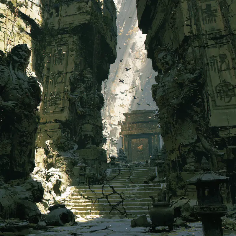 Ancient Stone Guardian Canyon Passage at a Mountain Tomb