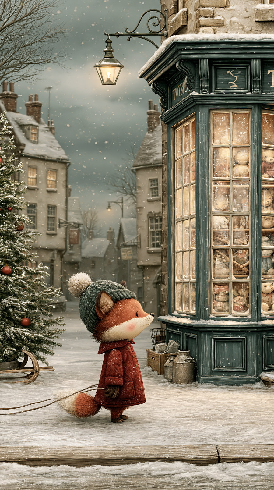 A small fox wearing a red coat and knitted hat, pulling a sleigh with a Christmas tree, snow gently falling in a vintage village, beside a toyshop lit by a lamp.