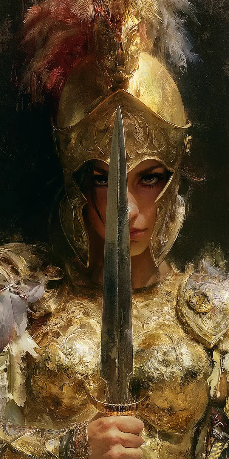 Epic Amazonian Warrior in Golden Armor with Sword