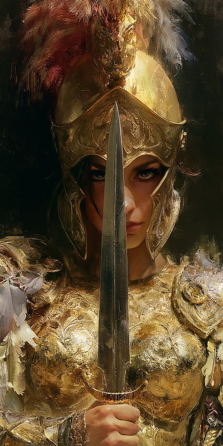 An Amazonian female warrior in detailed golden Greek armor, holding a sword pointed towards the camera with a serious expression, in a dark and dramatic background.