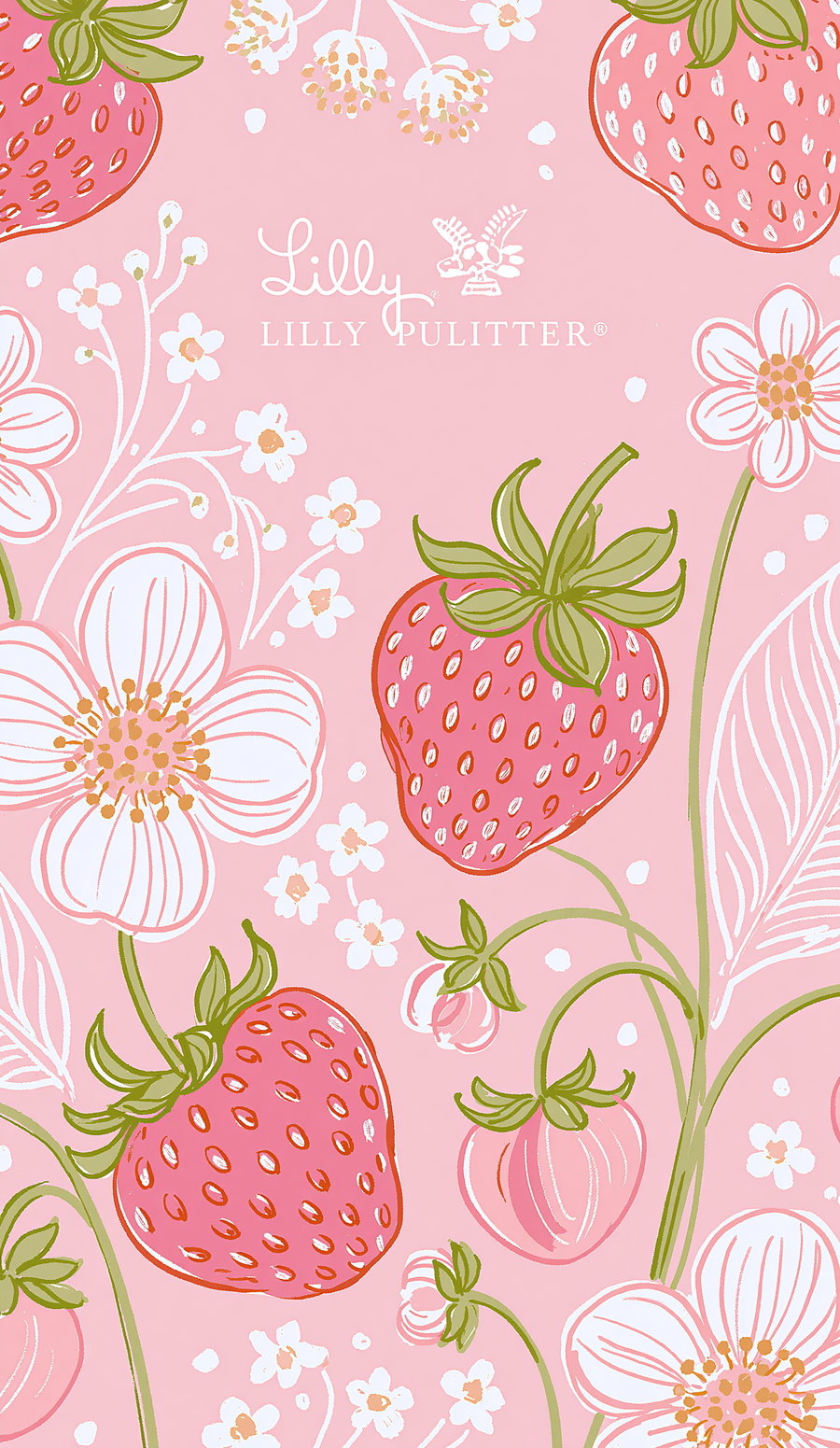 A pink background featuring strawberries and flowers in a decorative pattern.