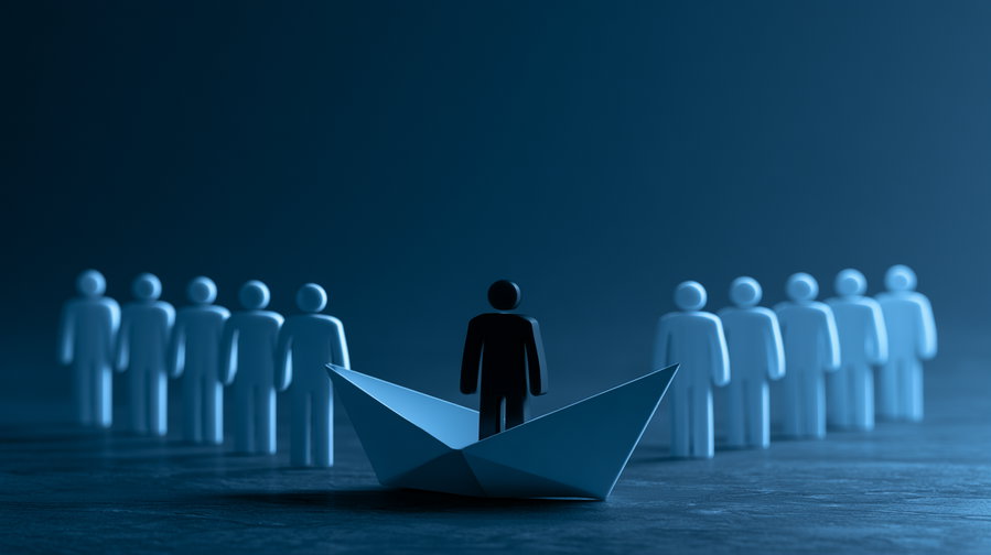 A black figure stands on a paper boat surrounded by white figures in the background.