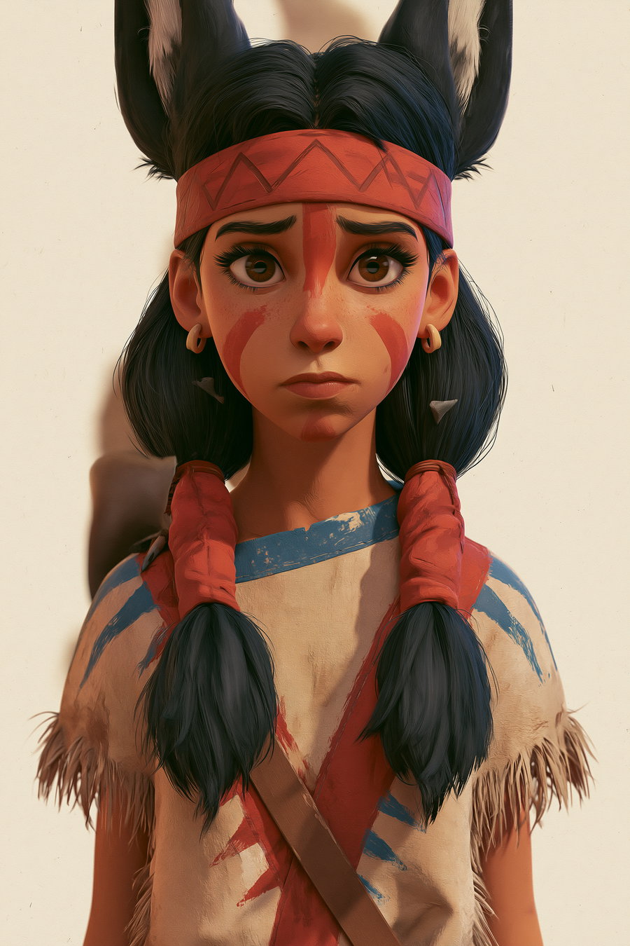A stylized 3D character of a 17-year-old Native American girl with black animal ears, wearing a hand-painted outfit. The character has a detailed expression, prominent facial markings, and matte surfaces with visible painterly textures.