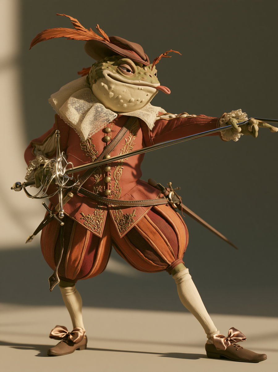 Stylized 3D anthropomorphic frog in a Renaissance fencing costume, wielding a rapier in a dynamic duel pose, with a mischievous expression and detailed attire.
