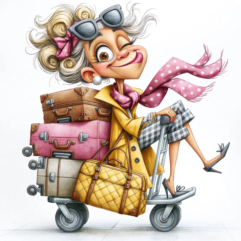 Playful Glamorous Granny on a Luggage Cart Illustration