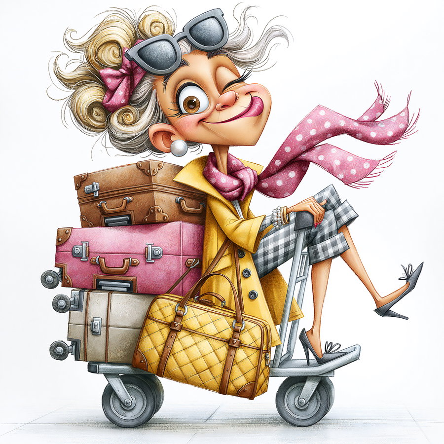 A stylized fashion illustration of a glamorous granny with large expressive eyes and defined lips, sitting on a hotel luggage cart with colorful suitcases stacked behind her, laughing joyfully, wearing sunglasses and a scarf, against a white background.