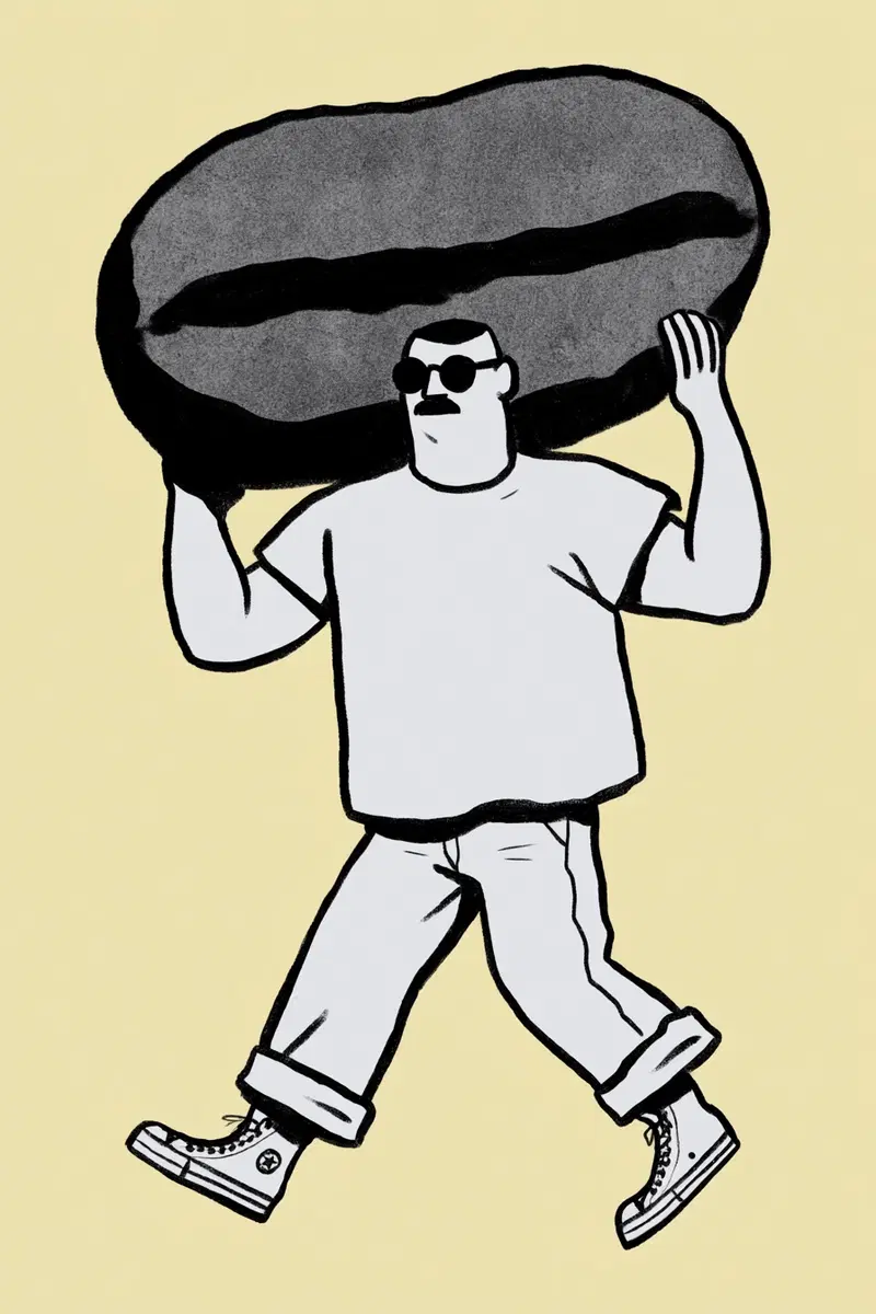 Stylized Illustration of a Man Carrying an Oversized Coffee Bean