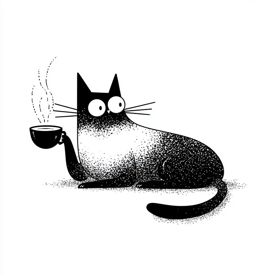 A stylized minimalistic cat lying down, holding a cup in its paw.