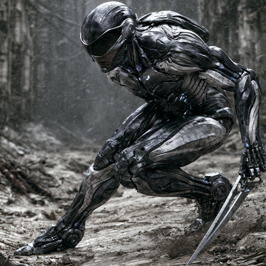 A synthetic humanoid combat shell with a matte black finish, integrated forearm blades, and athletic proportions, crouched in a ruined industrial landscape with a dark gray atmosphere.