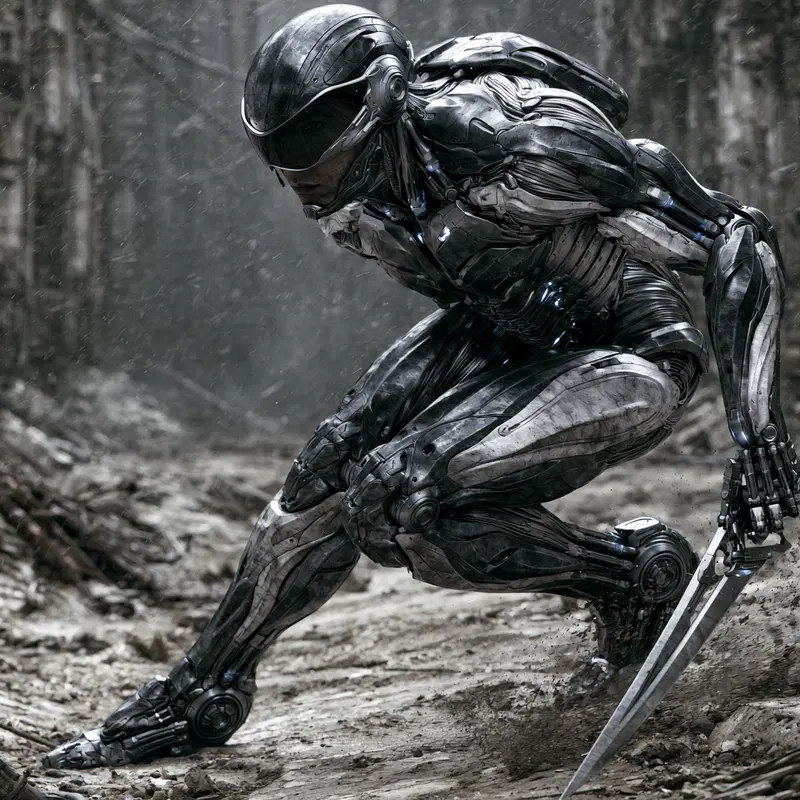 Synthetic Human Combat Shell in Post-Collapse Megacity Environment