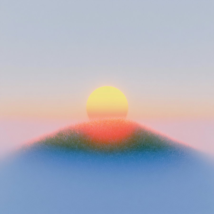 A soft gradient sky transitioning from light blue to orange as the sun rises above a grassy hill.
