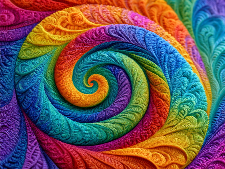 A close-up view of a brightly colored swirling pattern with intricate, textured details in rainbow hues.