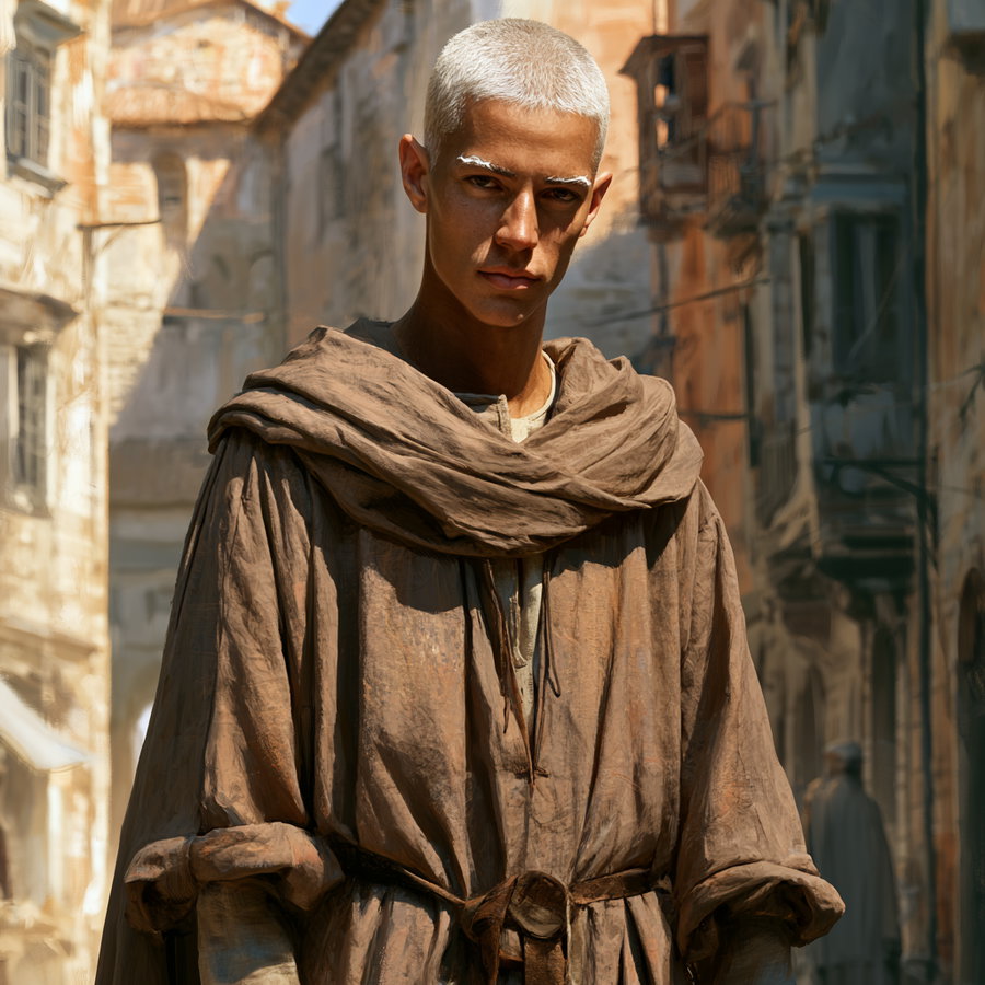 A tall, thin young man with tanned skin and short white hair stands in a medieval town, wearing simple brown robes. The background features old stone buildings and narrow streets.