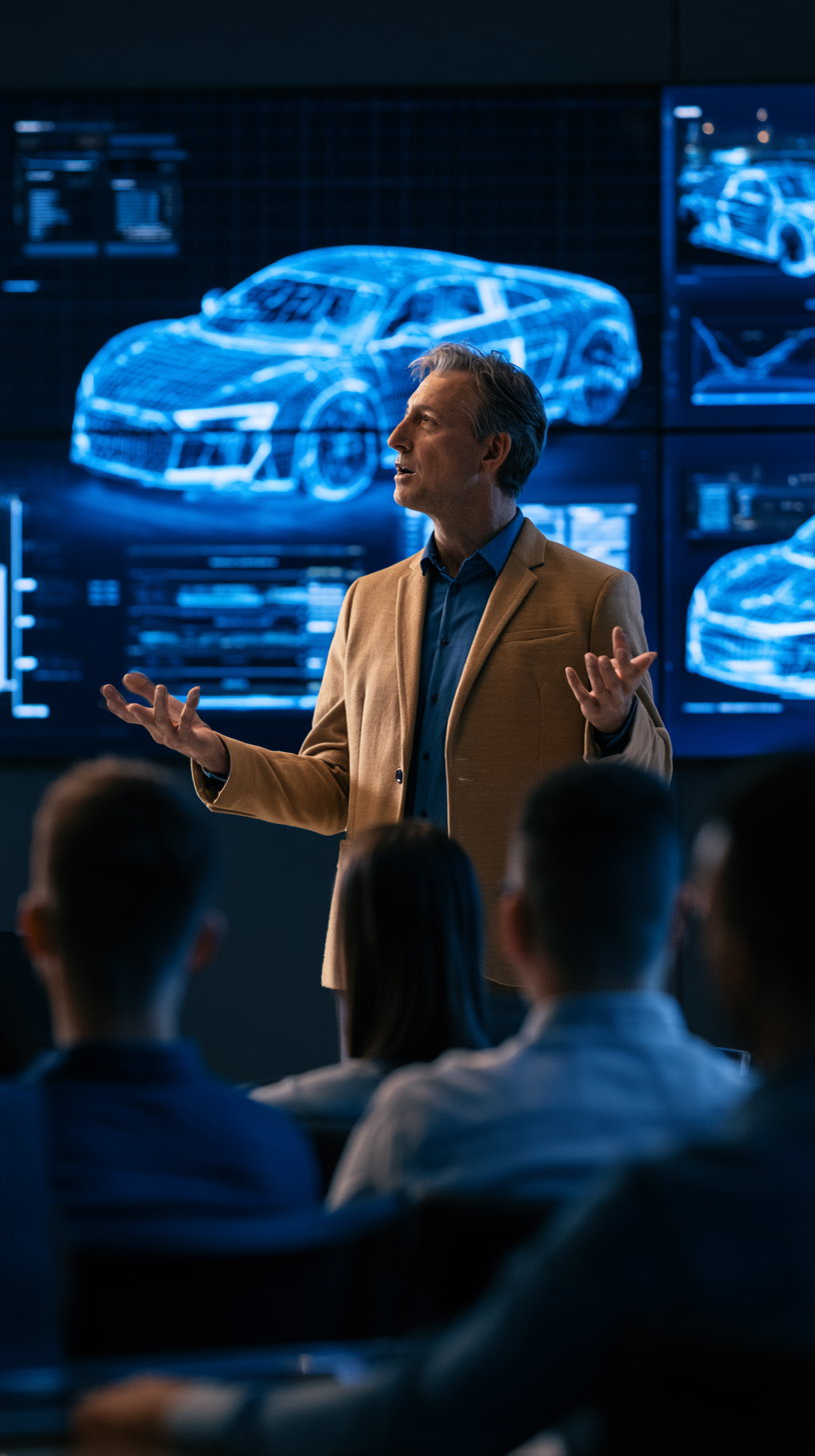 A man in a tan blazer gestures while addressing colleagues in a dark room. Behind him, multiple screens display blue AI car visualizations and data.