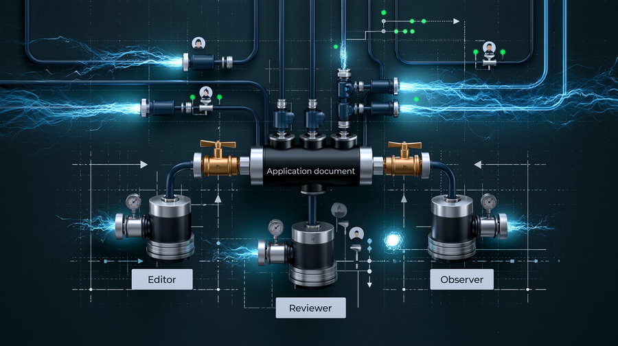A technical blueprint schematic of an aircraft hydraulic system with dark navy background, thin steel-blue pipelines carrying glowing electric-blue fluid. Features include a central manifold labeled 'Application document', three pumps named 'Editor', 'Reviewer', 'Observer', one-way valves, pressure gauges, and pulsing nodes. Includes small avatar indicators with green status dots, styled in a clean modern UI with a professional tech aesthetic.