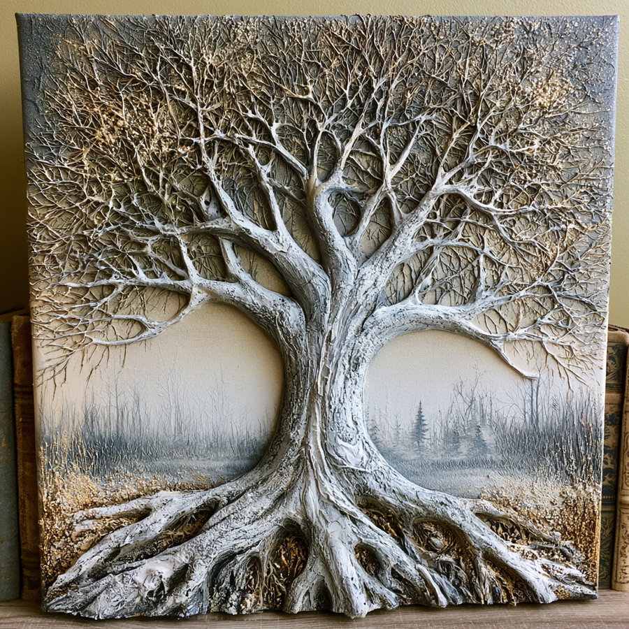 A highly textured canvas art piece featuring a large tree with intricate branches and roots, set against a gradient background that fades from light to dark.
