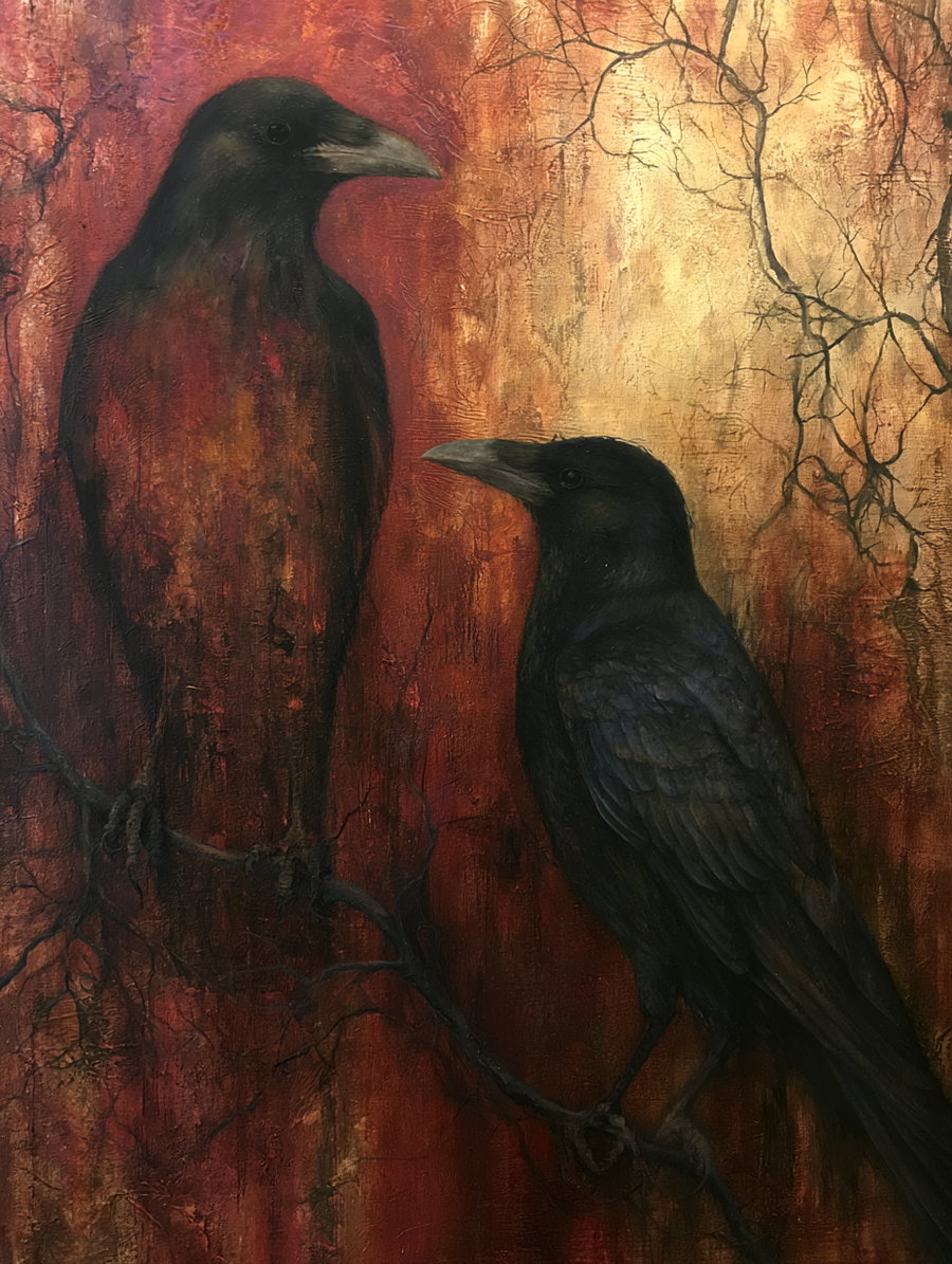 Two crows, one light and one dark, perched on a branch with a warm, textured background.