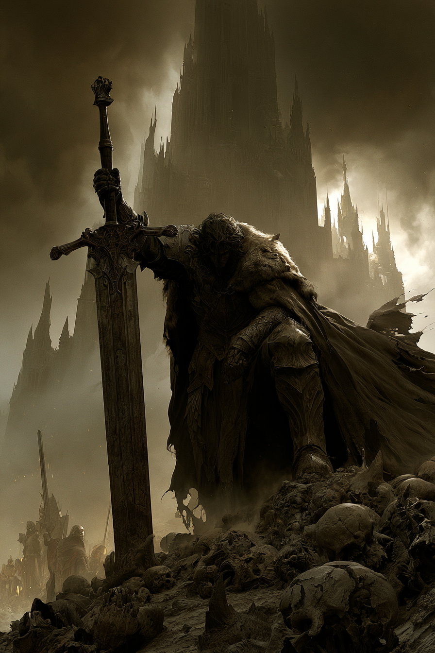 A dark, atmospheric landscape featuring a towering castle silhouette against a stormy sky. A figure in armored attire stands prominently, holding a large sword, surrounded by a desolate terrain scattered with skulls.