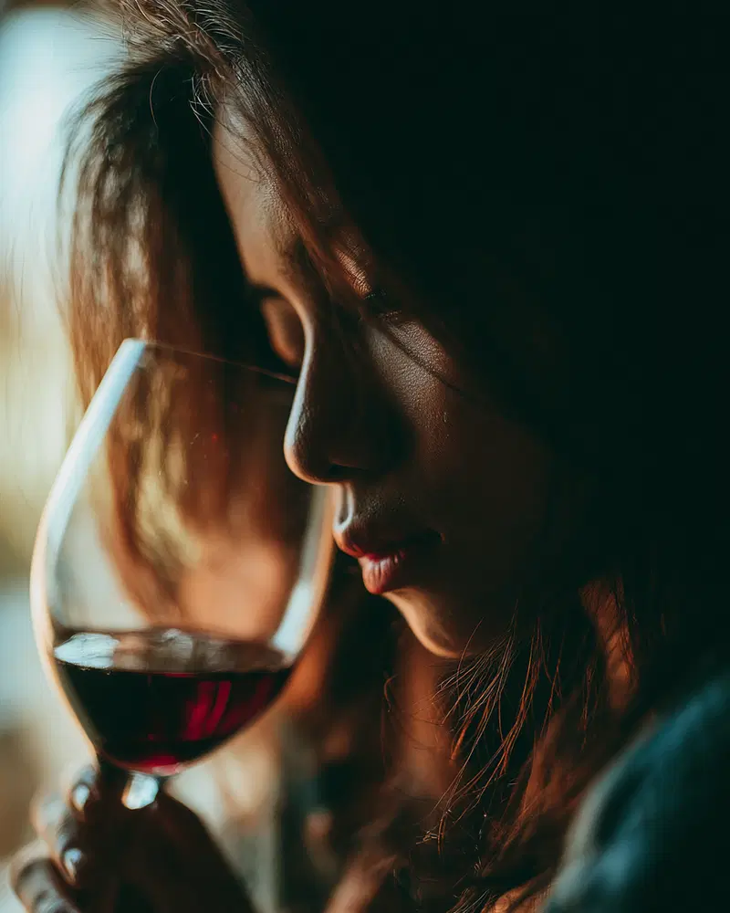 Stylized Close-Up of an Asian Girl with a Red Wine Glass