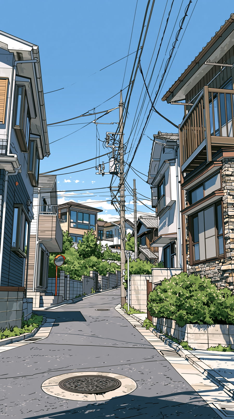 A residential area with two-story houses lining a sloping road under a clear blue sky. Utility poles, power lines, and a round manhole cover are visible. The houses vary in materials and colors, showcasing modern and traditional Japanese styles, with green bushes and trees adding to the landscape.