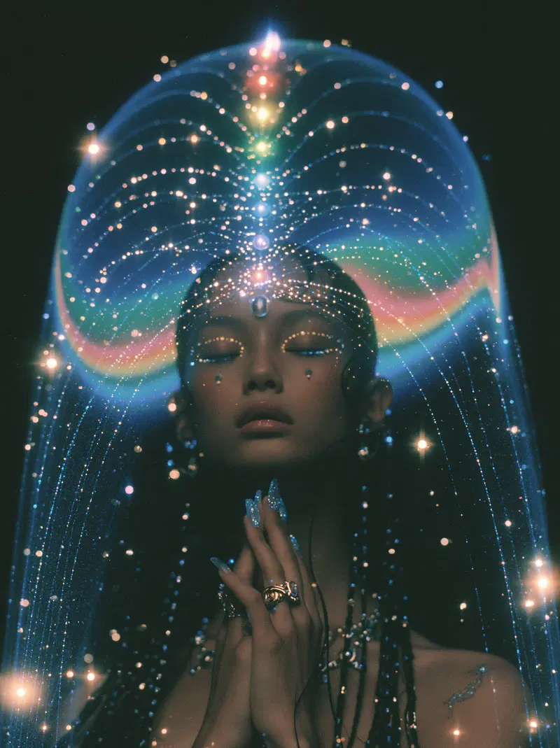 Celestial Goddess Embracing Chakra Energy in Holographic Light