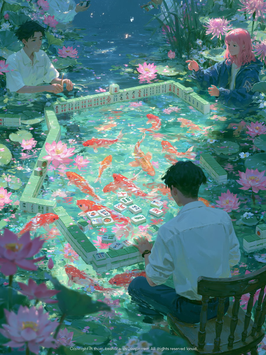 Three people playing mahjong in a serene water setting filled with lotus flowers and colorful koi fish.