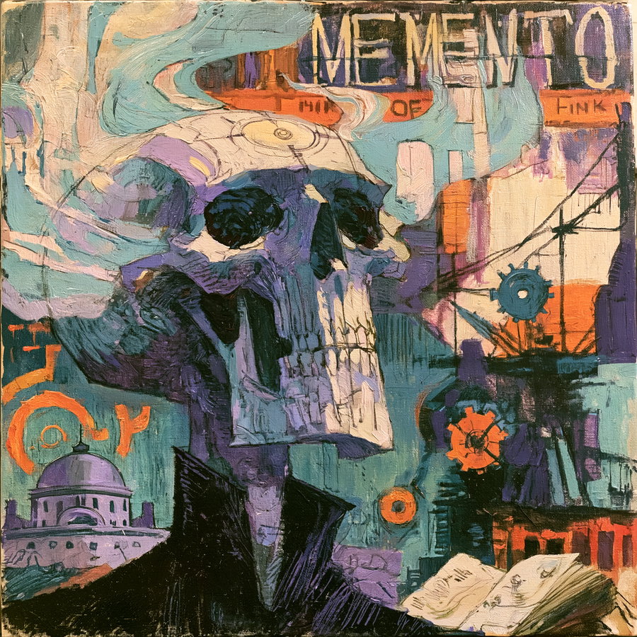 An abstract painting featuring a skull with vibrant colors and surreal elements.