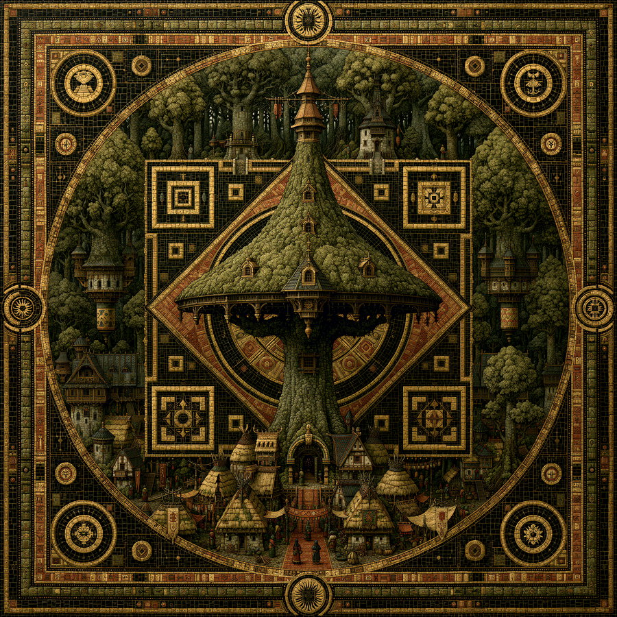 A detailed illustration of a forest city featuring a large tree at its center surrounded by intricate patterns. Small houses and structures are visible around the tree, set within a circular design that includes geometric shapes and forest elements.
